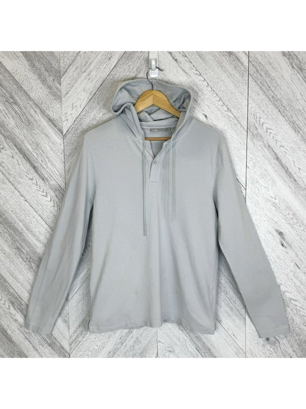 Vince Long Sleeve Hooded Henley Shirt Gray Mens Size Small 100% Pima Cotton